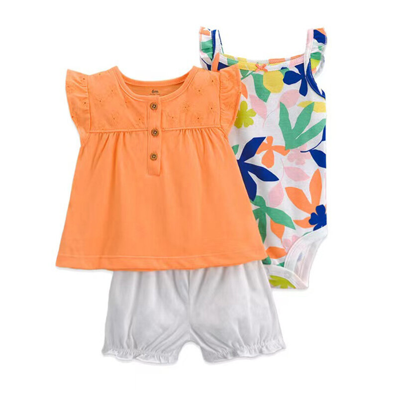Set di vestiti estivi per neonate in cotone fiore moda abiti per neonati pantaloncini a maniche corte 3 pezzi abbigliamento per bambini 6-24 mesi