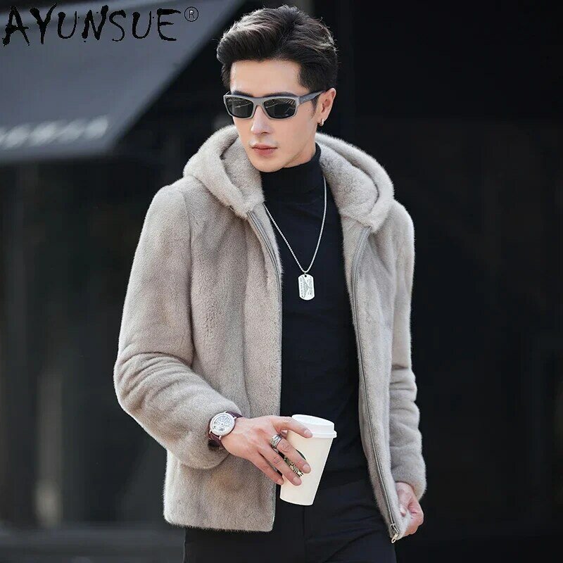 AYUNSUE-Casaco de pele natural masculino, jaqueta de pele de vison real, casacos casuais, jaquetas de inverno, luxo, 2023