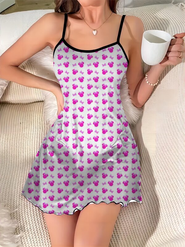 Пикантное платье, элегантные платья для женщин, атласная пижама с рисунком Микки Мауса Диснея, пышная мини-юбка с вырезом лодочкой Минни Маус