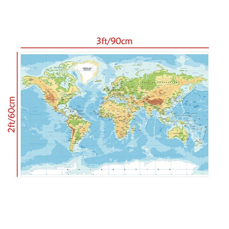 Peta fisik politik dunia 90*60cm peta dunia edisi klasik tidak pudar tanpa Poster bendera negara untuk budaya dan perjalanan