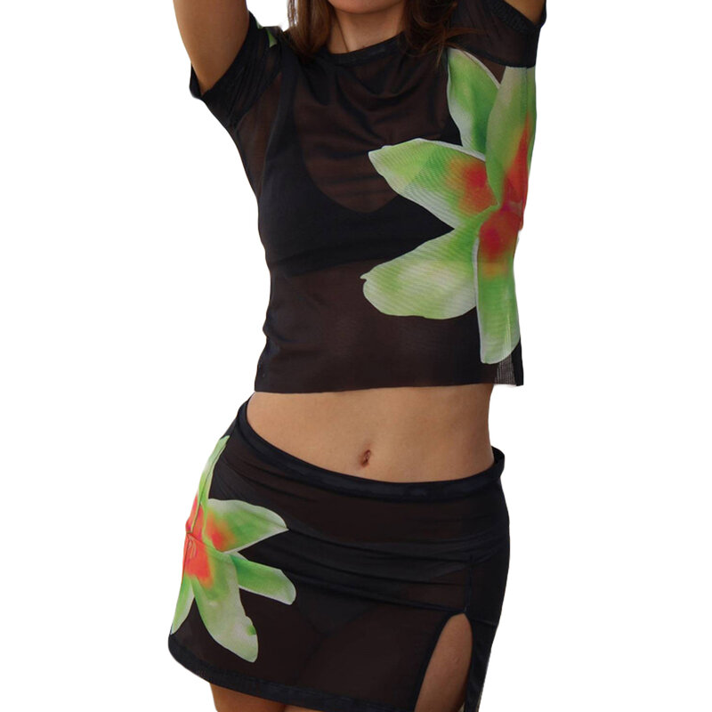 Traf pakaian wanita Y2K 2 potong, Set pakaian motif bunga musim panas, kaus lengan pendek jaring tipis dan rok Mini pakaian jalanan