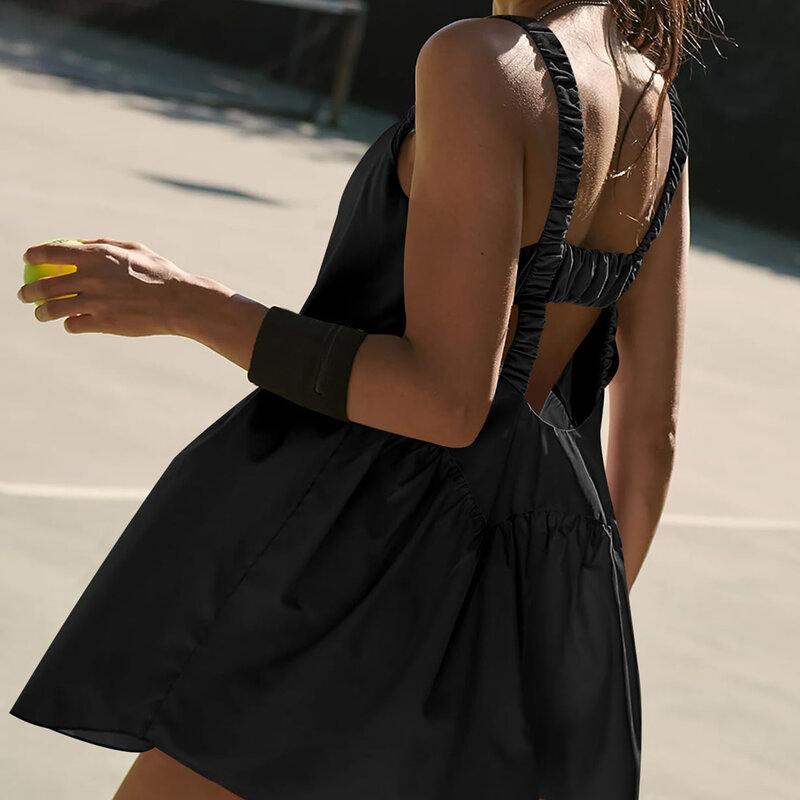 2024 Neuankömmling Frauen sexy Halfter rücken frei Outdoor-Sport Yoga Tennis Rock Kleid Shorts Set heißen Verkauf Mode Party Kleidung