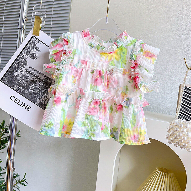 Girls Suits Summer Flying Sleeve Flower Shirt Tops+Pants Korean Sweet Kids Clothes Two Piece Set Toddler Girl Clothes 2Pcs 2-7Y