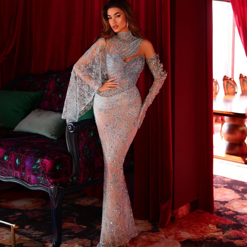 Sexy Illusion One Shoulder Prom Gown Sparkly Sequins Beads Cocktail Dresses Luxury Straight Long Evening Dress Robe De Mariée