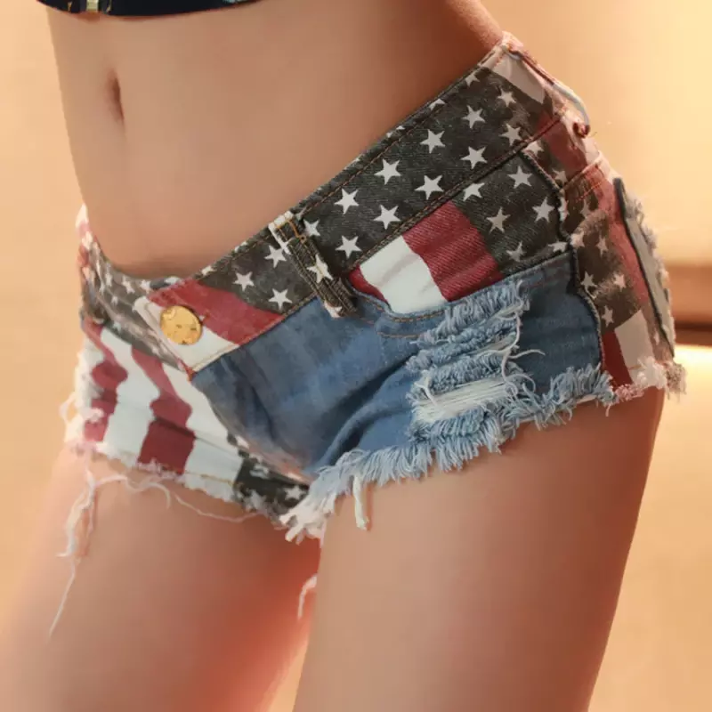 Jeans sangat pendek wanita, celana pendek Denim cetak baru musim panas, lubang seksi pinggang rendah ramping ukuran Plus