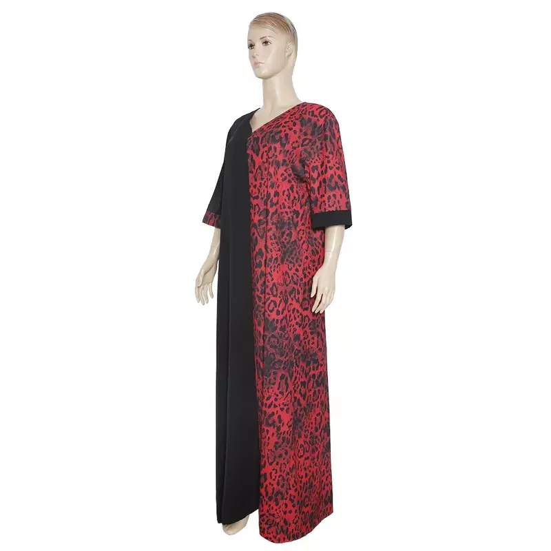 2023 afrykański damski Plus size gorący dekolt w szpic czerwony lampart nadruk patchworkowy luźna sukienka S9059