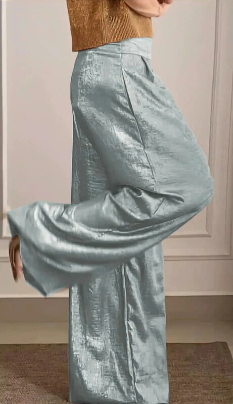 Conjunto de calças largas e top de seda brilhante para mulheres, monocromático, casual, moda, verão