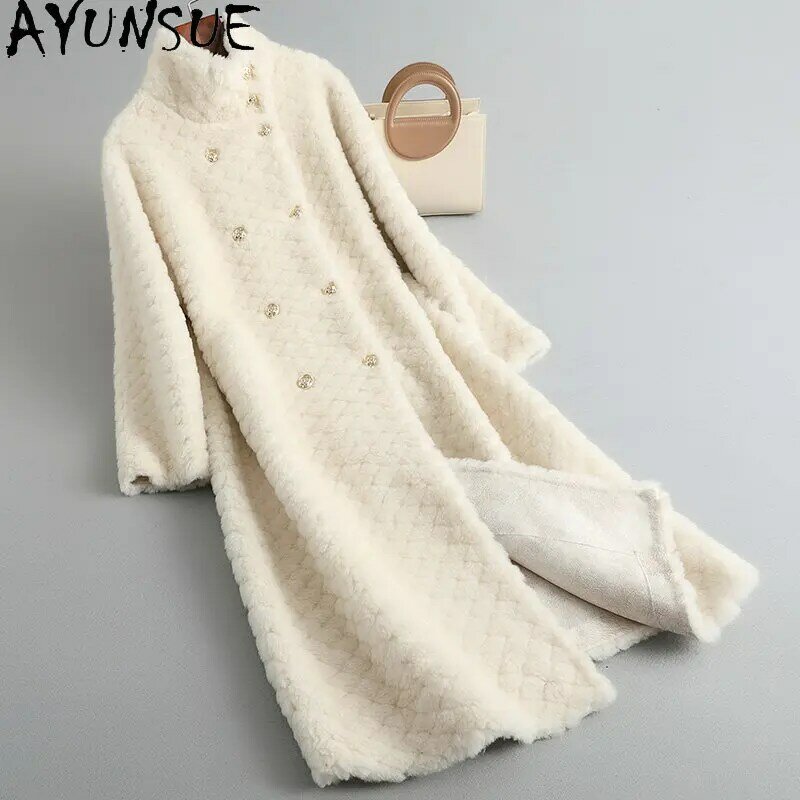 AYUNSUE-모피 롱 양털 깎기 자켓 여성용, 100% 울 코트, 한국 스타일, 새로운 겨울