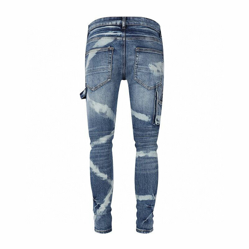 Modne dżinsy męskie uliczna wysokiej jakości niebieskie w stylu Retro Stretch chudy krój Bandhnu dżinsy hip-hopowe projektant wiele kieszeni markowe spodnie mężczyzn