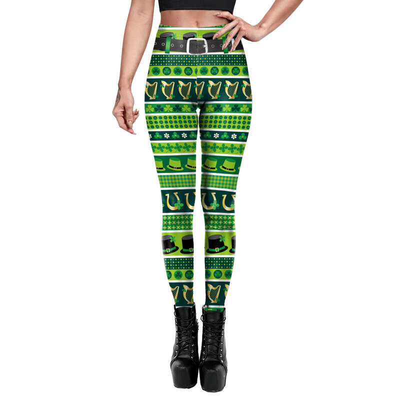 Nadanbao St. Patrick's Day Pants Women's Sporty Leggings Clover 3D Printed Women Elastic Fitness Trouser Mid Waist Sexy Tights