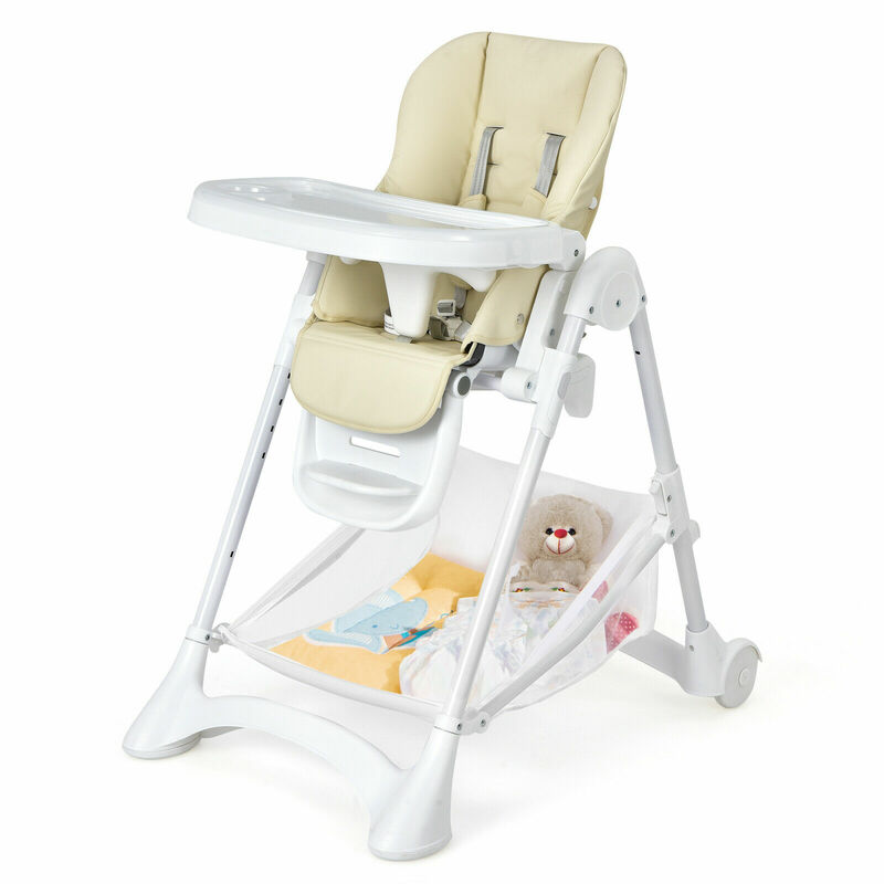 Baby Convertible Folding Adjustable High Chair w/Wheel Tray Storage Basket Beige  AD10007BE