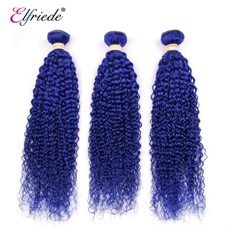 Elfriede Blue Kinky Curly PreColored Human Hair Bundles Brazilian Human Hair Extensions 3/4 Bundles Deals Human Hair Sew-in Weft