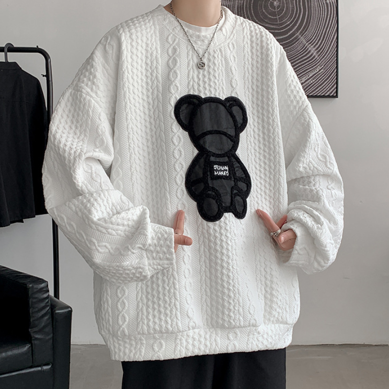 Men's Patch Teddy Bear Sweatshirt Couple Suit Spring Youth Twisted Blouse T-Shirt