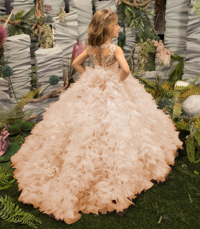 Pink Girl Princess Dress Lace Puffy Flower Girl Dresses Sleeve Cute Girl Birthday Dress Wedding Party Dress Baby Dress