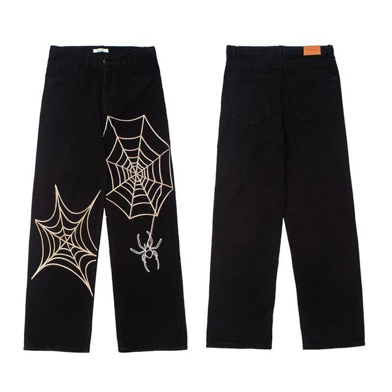 Embroidery Spider Web Straight Casual Jeans Pants Men Vibe Style Ripped Oversize Loose Denim Trousers Streetwear