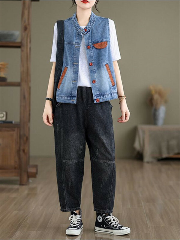 Женский джинсовый жилет с вышивкой, повседневный облегающий джинсовый жилет контрастных цветов без рукавов, весна-лето 2024