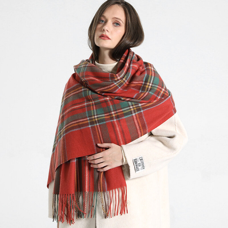 Luxo xadrez cachecol inverno quente cashmere feminino longo pashmina foulard cachecóis senhora borla xale envolve 2022 design novo