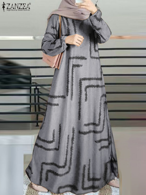 ZANZEA-vestido muçulmano estampado floral para mulheres, túnica elegante, vestido de verão maxi, manga longa, Turquia, Abaya, kaftan, primavera, 2021