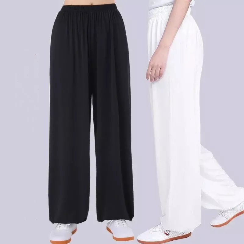 Spodnie z odzieżą Tai Chi Unisex spodnie Tai Chi lodowy jedwab gimnastyka poranna lato Plus rozmiar luźne spodnie do ćwiczeń sztuk walki