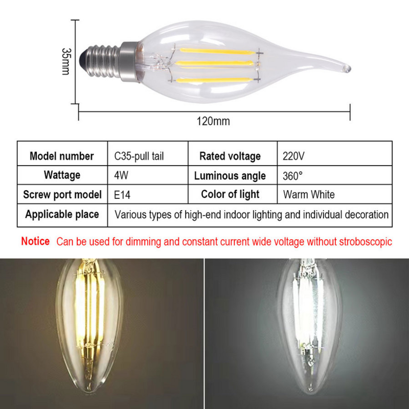 LED 전구 E14 2W/4W/6W 밝기 조절 에디슨 레트로 필라멘트 캔들 라이트 AC220V C35, 따뜻한/차가운 흰색 360 도 에너지 절약, 10 개
