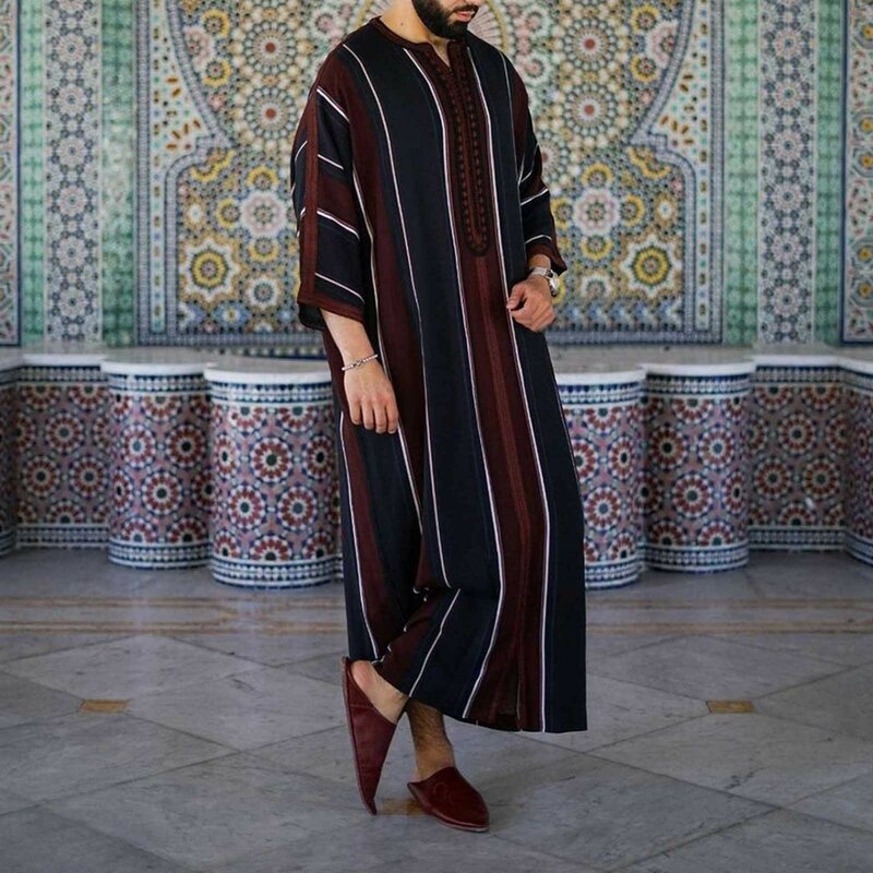 New Abaya Men Islam Pakistan Muslim Robe Saudi Arabia Djellaba Man Arabic Kaftan Black Linen Striped Cotton Three Quarter Sleeve
