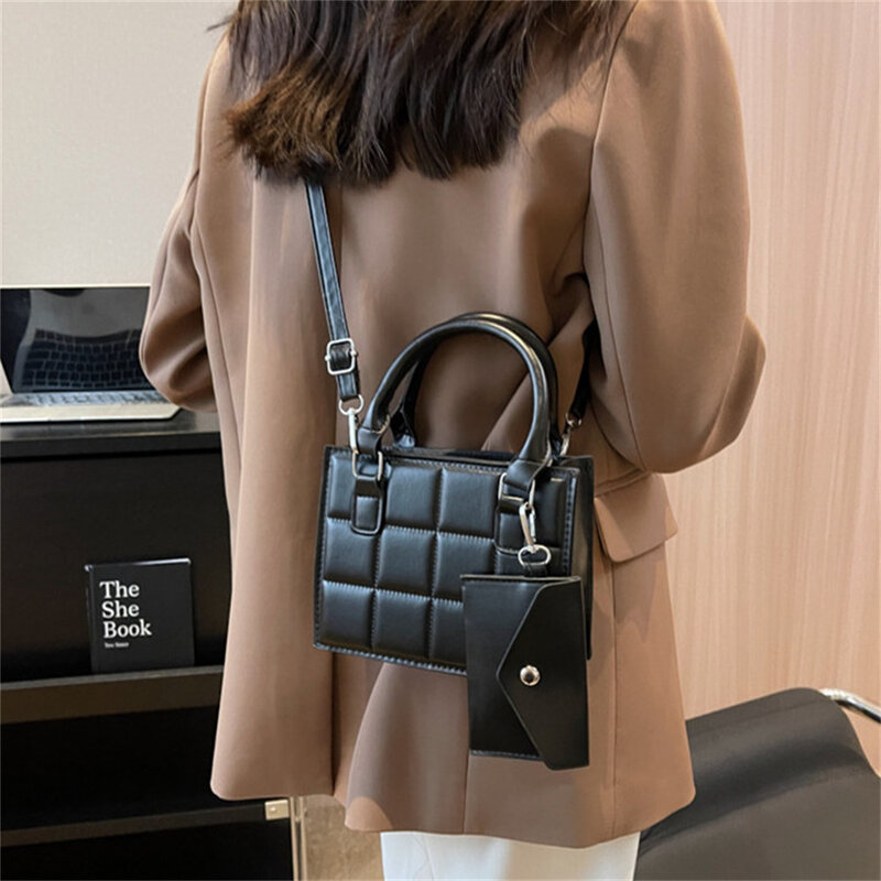 Handheld Pequeno Saco Quadrado com Bolsa Pequena para Mulheres, Bolsas PU, Crossbody Bags, Zipper Messenger Bag, Senhoras