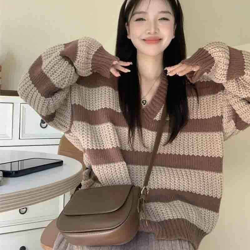 Inverno primavera scollo a V manica lunga donna maglione stampa a righe moda coreana Casual Harajuku pullover oversize Punk Streetwears