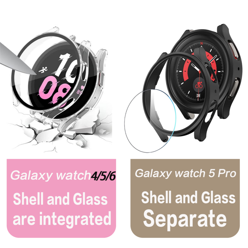 Capa para Samsung Galaxy Watch 5 Pro, PC Bumper, Screen Protector, Acessórios de Vidro, 45mm, 4, 6, 40mm, 44mm
