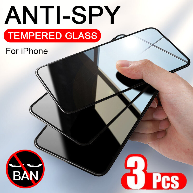 Protetor de tela de vidro temperado para celular, anti espião, privacidade, para 6, 6s, 7, 8, 7p, 8p, x, xr, xs, 11pro, 12mini, 12pro, promax 12, 3 unidades
