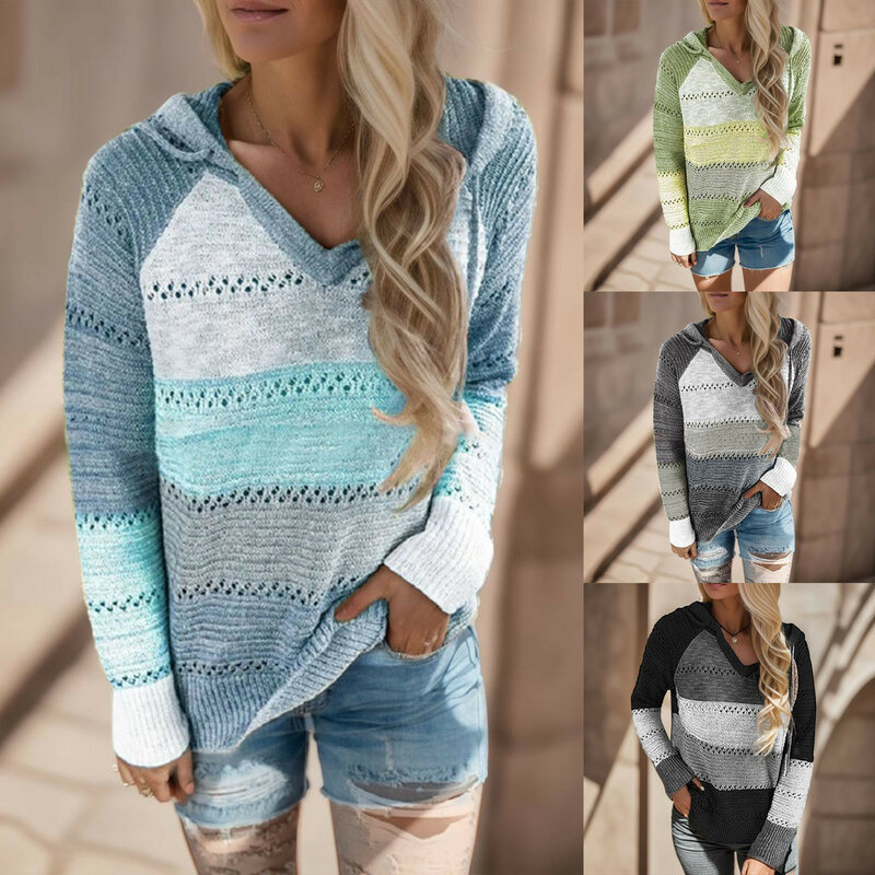 Blus Sweater bertudung untuk wanita, atasan Pullover garis-garis tambal sulam lengan panjang leher V ringan untuk wanita