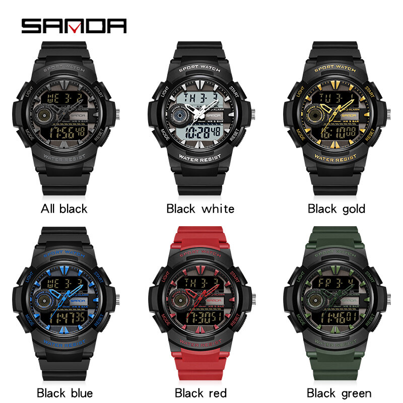 SANDA 2023 nowe modne sportowy zegarek wojskowy męski zegarek cyfrowy wodoodporne męskie zegarki z podwójnym wyświetlaczem alpinizmu Timer Reloj