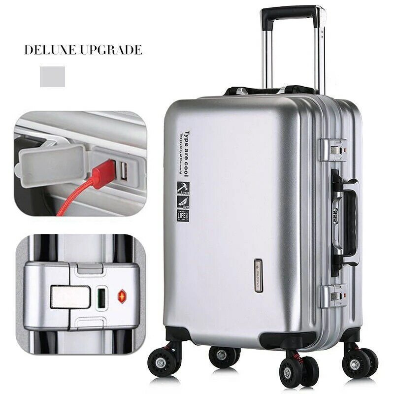 Tas koper bingkai aluminium pengisian USB, tas pembawa kabin, tas koper wanita, tas traveling, koper berpergian dengan kata sandi, tas troli