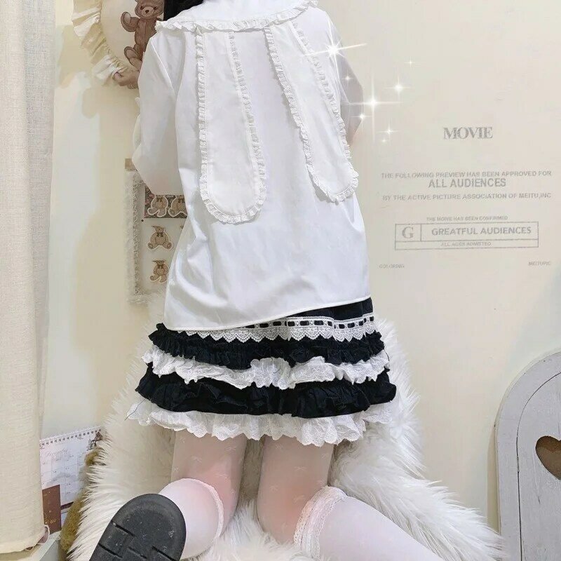 QWEEK Kawaii Shirts Harajuku Women's Blouses Japanese Lolita Style Bunny Ears Lace Sweet Soft Girl  White Loose Long Sleeve Tops