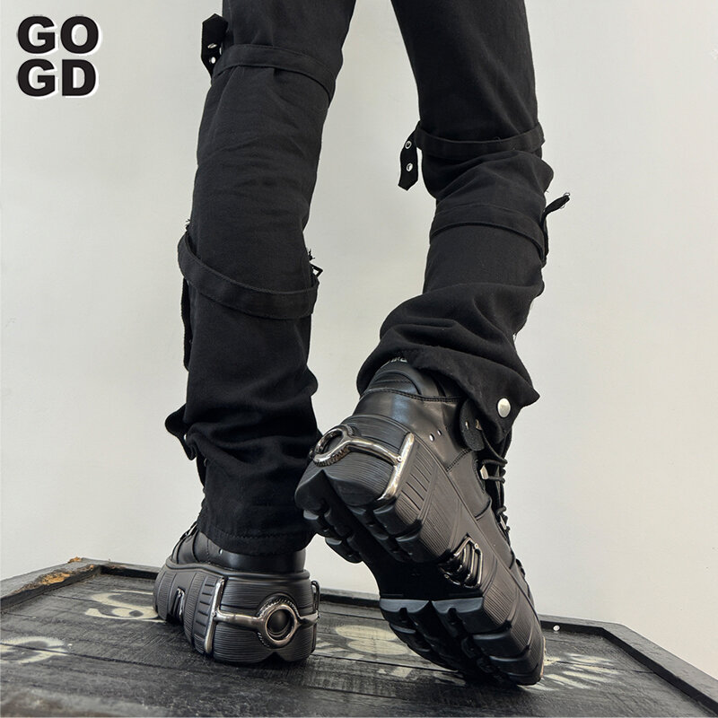 GOGD Sepatu Bot Pergelangan Kaki Platform Wanita Fashion Merek 2023 Sepatu Hak Tinggi Gaya Punk Gelap Baru Desain Dekorasi Logam Sepatu Gotik Y2k In