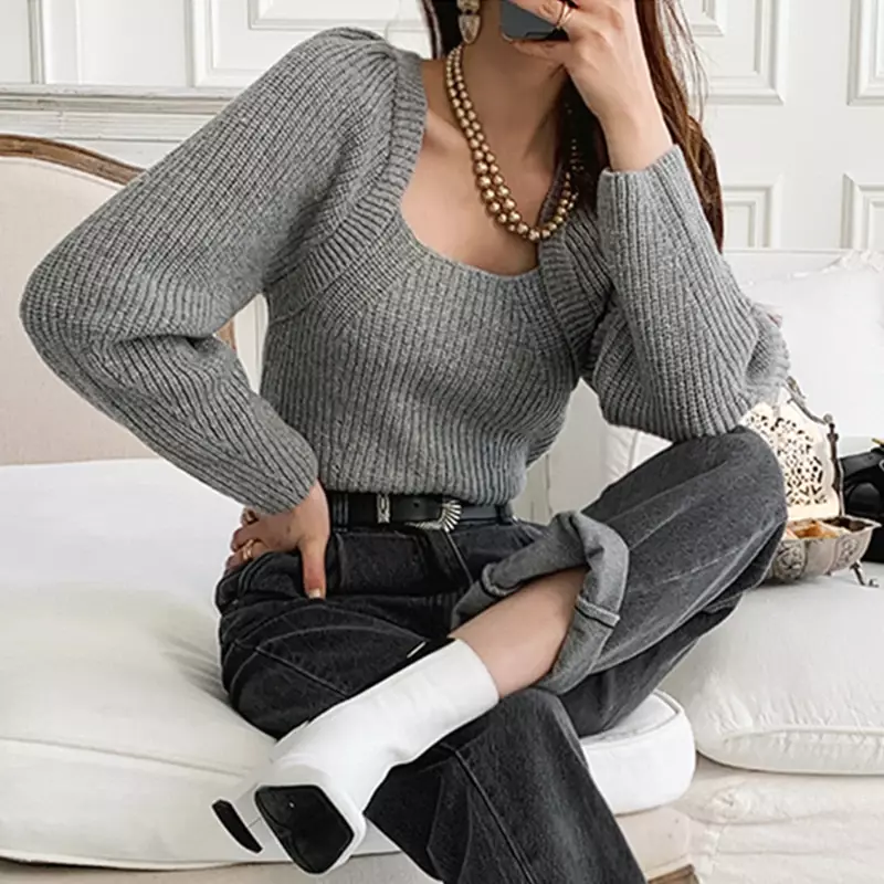 Suéter feminino de malha cinza de manga comprida, suéter solto, macio, minimalista, cor pura, suave, casual, gola quadrada, inverno, 2022