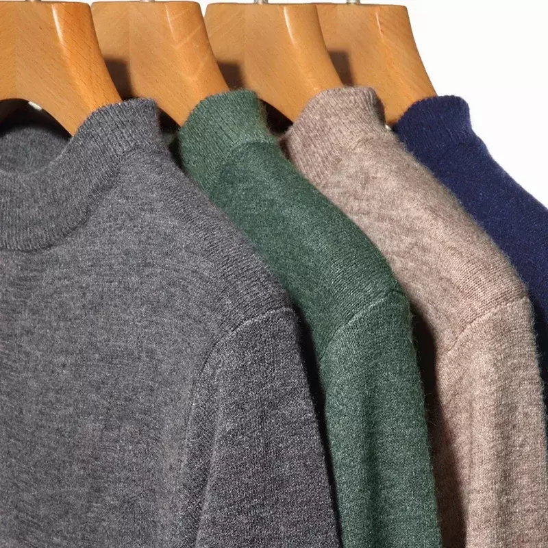 Suéter de lã com gola redonda masculino, pulôver de manga comprida monocromático, inverno