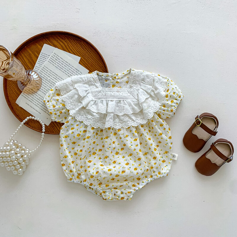 Новые летние комбинезоны для маленьких девочек с коротким рукавом и цветочной кружевной вышивкой, уличная одежда для новорожденных, комбинезоны для малышей, детское боди