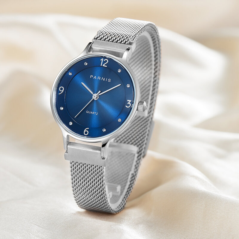 ใหม่ Parnis 30มม.สีน้ำเงิน Dial ควอตซ์นาฬิกาผู้หญิงกันน้ำแม่เหล็กสายคล้องคอผู้หญิง6.6มม.ความหนา Ultra-Thin นาฬิกา luxury ยี่ห้อ
