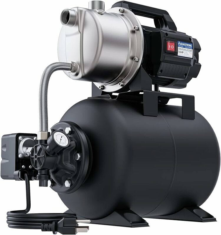 Aquastrong 얕은 우물 펌프, 압력 탱크, 1320GPH, 115V, 스테인레스 스틸 관개 펌프, 자동 물 부스터, 1.6HP