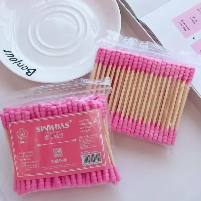 100-100 Stück rosa Doppelkopf Wattes täbchen Sticks weibliche Make-up Entferner Wattes täbchen Spitze für medizinische Nasen ohren Reinigungs zubehör