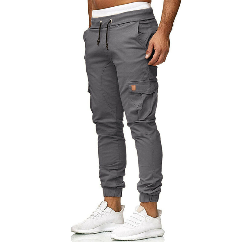 Mens Simple Solid Cargo Pants Loose Trousers Sports Overalls Drawstring Multi Pocket Casual Cotton Pantalones De Hombre 2024