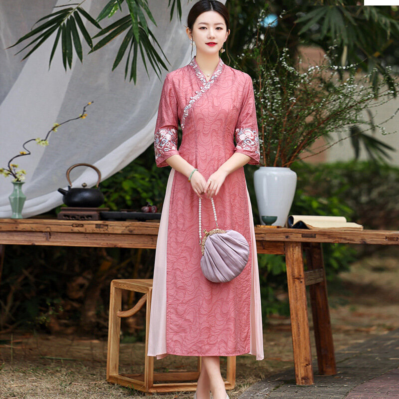 High-end Spring Summer Women Dress Retro Elegant Embroidery 3/4 Sleeve A-line Lady Party Hanfu Dress S-XXL