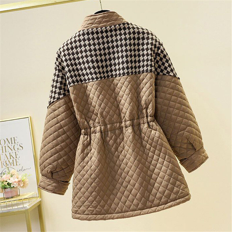 Winter Mid-Long Down Cotton Jacket Women 2023 New Loose Stand-Up Collar Coat Houndstooth Outerwear Fashion Overcoat  Female