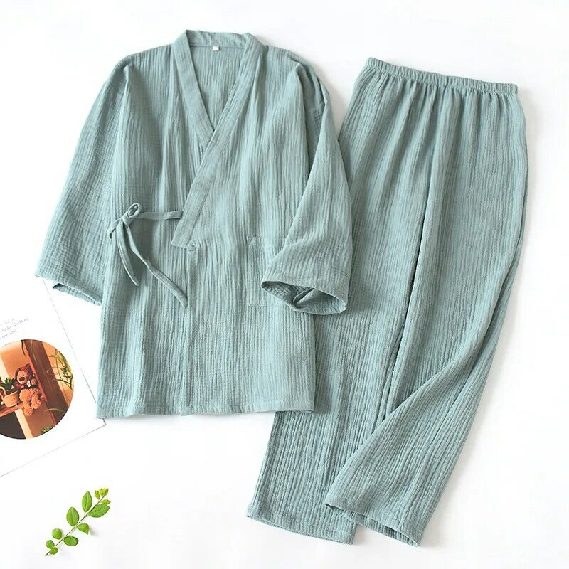 Conjunto de pijama japonês solto de quimono para homens e mulheres, conjunto de serviço doméstico, terno de suor, 2 peças, 100% algodão, Yukata, casal, 2024