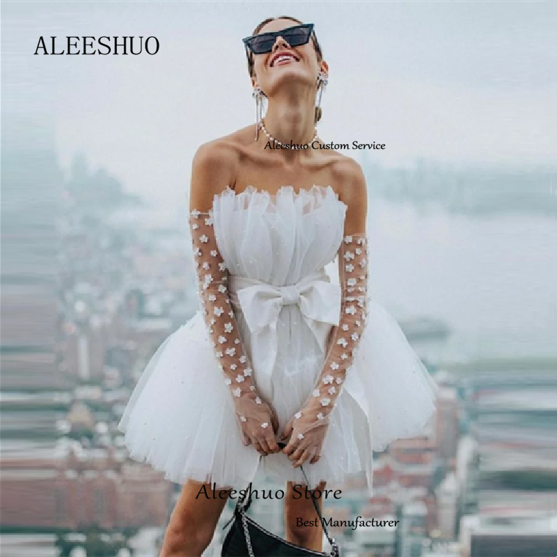 Aleeshuo Elegant A Line Short Evening Dress Straples Pearls Mini Bride Dress Sexy Backless Illusion Formal Bridal Gowns With Bow