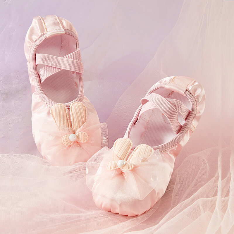 Zapato de baile de suela suave para niños, zapatillas de gimnasia de interior con bordado de satén y garra de gato, Ballet, Yoga