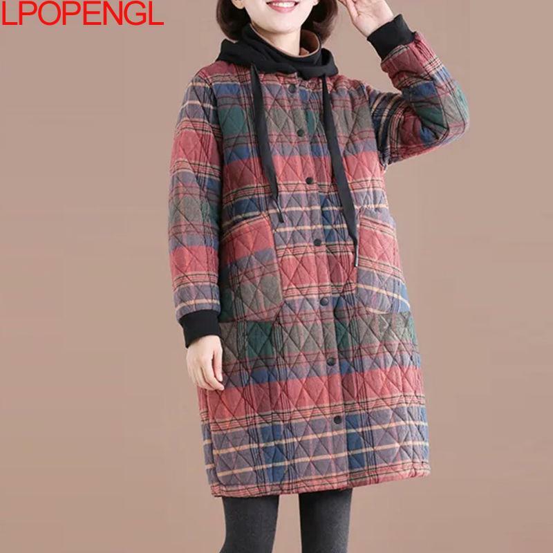 Fashion Literary Vintage Plaid Linen Coat Women's New Winter Jacket Light Warm Mid-length Over-the-knee Hooded Cotton Top