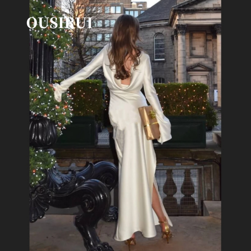 Ousirui-女性用サテンマキシドレス,背中の開いた長袖,単色,エレガントなイブニングドレス,エレガント,スリム,スプリット,秋