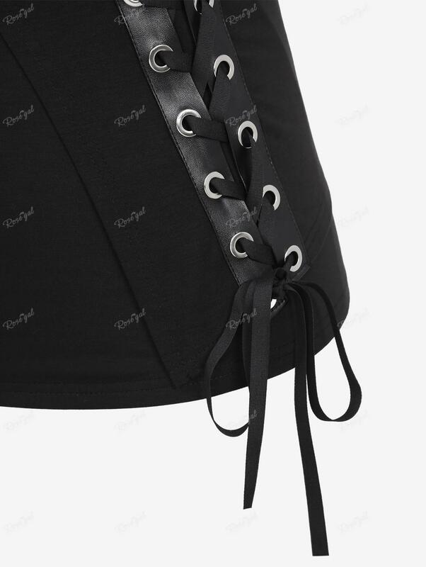 ROSEGAL Plus-Size gotycka PU koronkowe do góry kamizelka z suwakiem czaszki krótkie bluzki czarne wycięte w szpic solidne koszulka na ramiączkach czołgi wysoka rozciągliwość