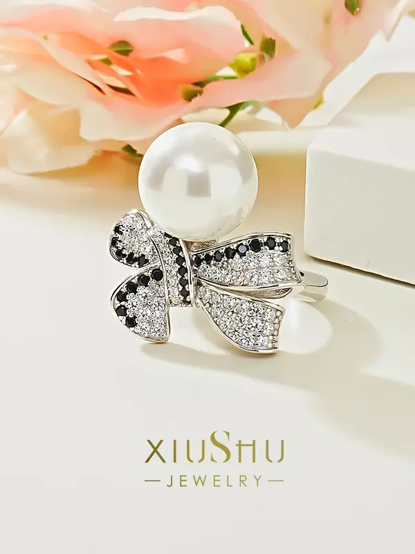 Desire Light Luxury Bow Pearl Fritillaria 925 Sterling Silver Ring Set with High Carbon Diamond Style Design